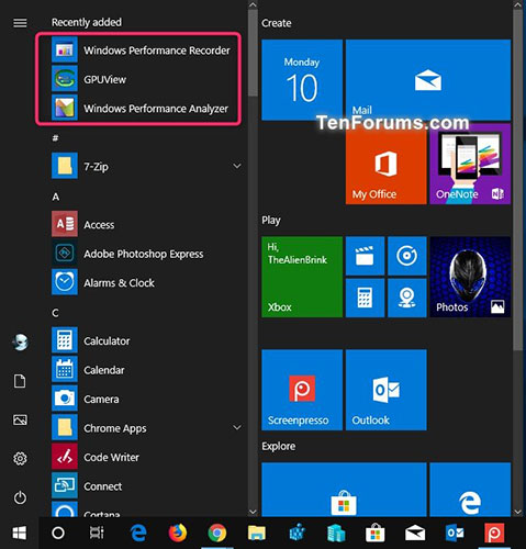 Windows Performance Recorder, GPUView và Windows Performance Analyzer được liệt kê trong menu Start