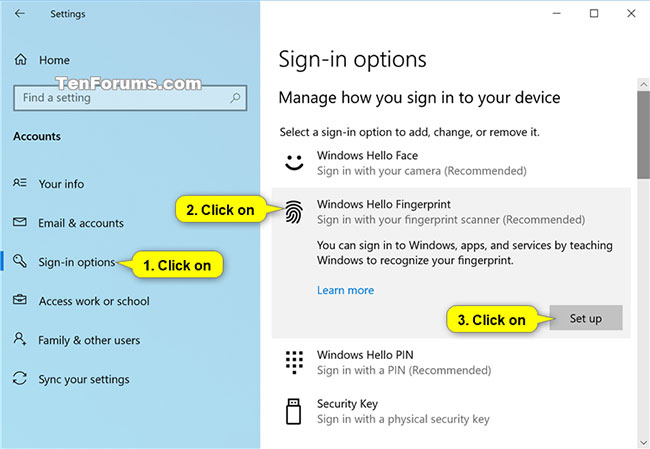 Chọn Sign-in options > Windows Hello Fingerprint >t Set up 