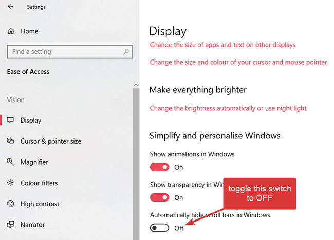 Tắt tùy chọn Automatically hide scroll bars in Windows