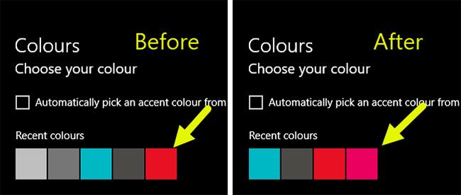 Nếu bạn thay đổi lại màu nhấn, màu trước đó sẽ được tự động thêm vào phần các màu gần đây