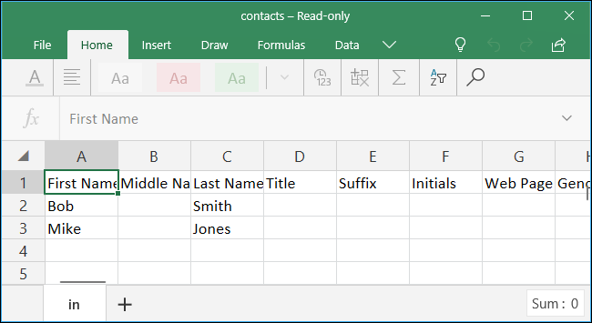 Excel presents the contents of the .CSV file as a spreadsheet