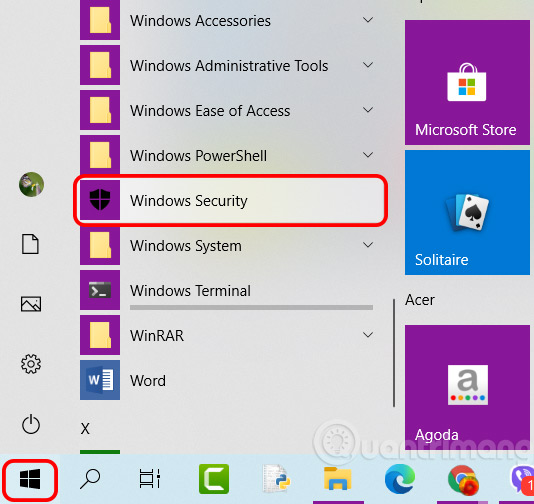 Cách mở Windows Security trong Windows 10 từ menu Start