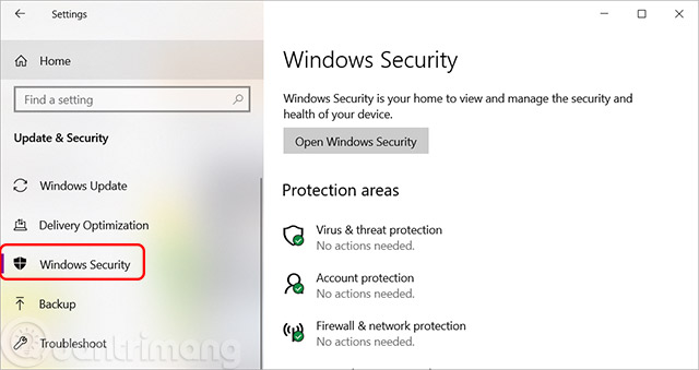 Cách mở Windows Security trong Windows 10 từ Settings