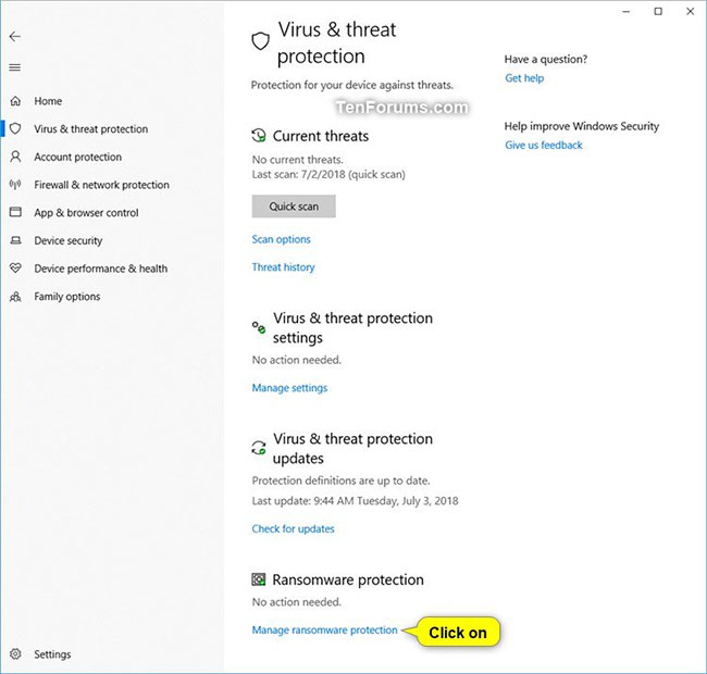 Nhấp vào liên kết Manage ransomware protection