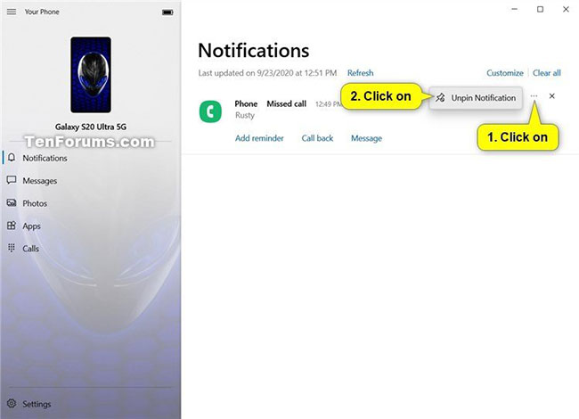 Chọn Unpin Notification để bỏ ghim thông báo