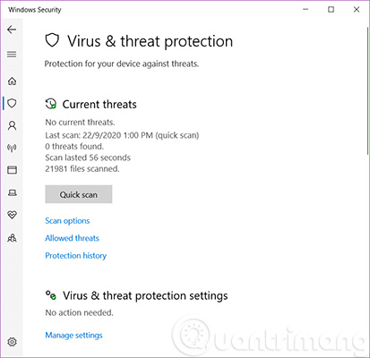 Các tùy chọn trong Virus & threat protection 1