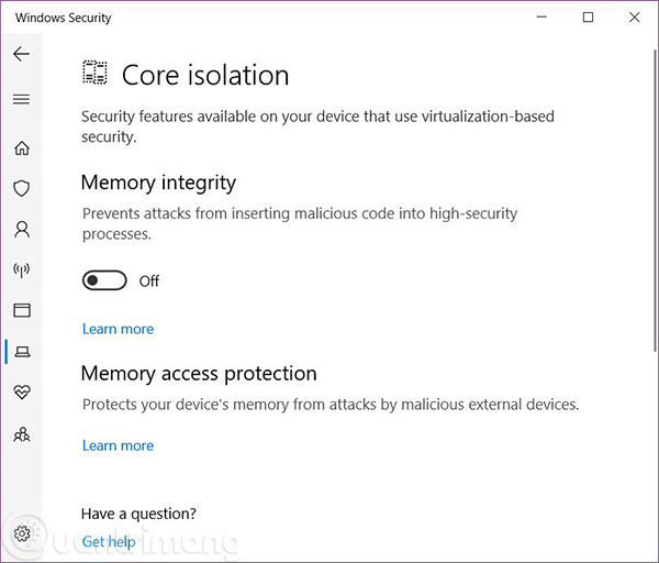 Core isolation trong Windows Security