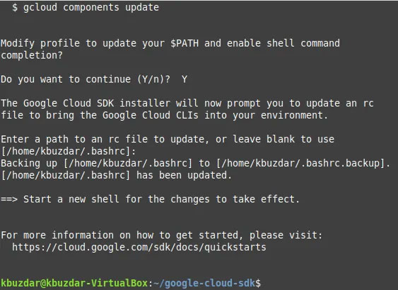 Google Cloud SDK đã được cài đặt thành công trên hệ thống Ubuntu