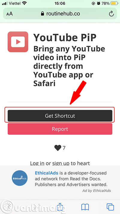 Click Get shortcut to download YouTube PiP