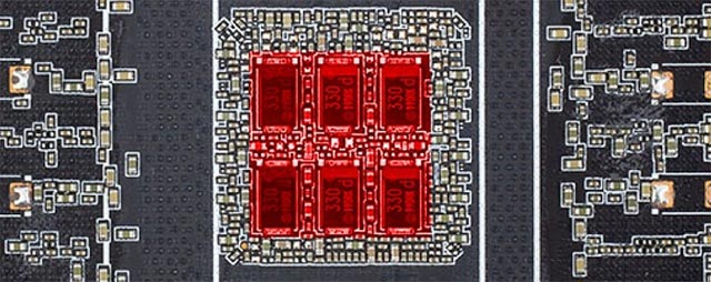 Sơ đồ sắp xếp tụ điện của Zotac (màu đỏ là các POSCAP)