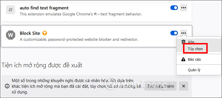Tùy chỉnh tiện ích Block Site