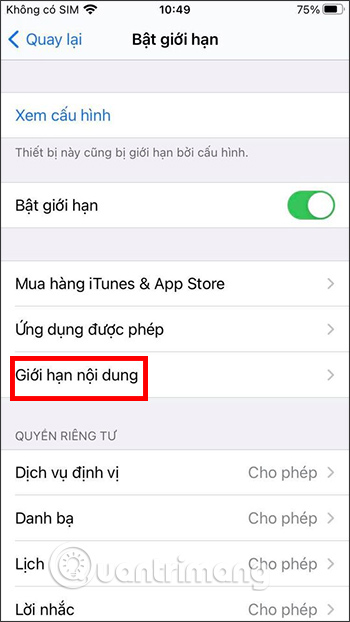 Bật giới hạn nội dung