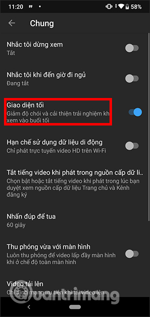 Turn on YouTube Android dark background