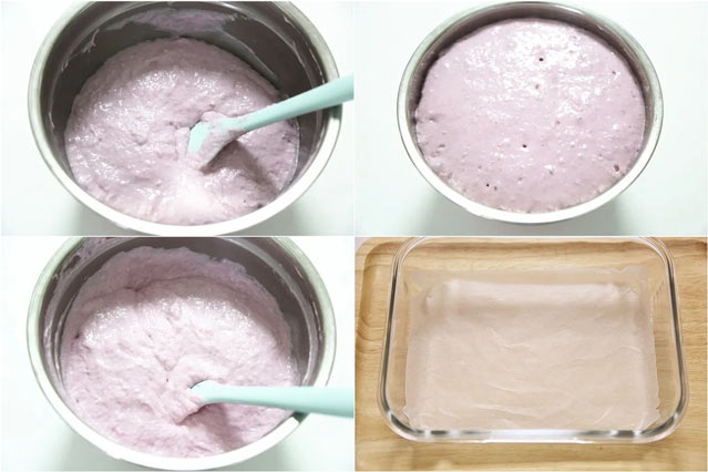 Đổ bột vào một khuôn đã lót giấy nướng