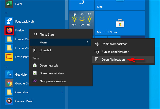 Chọn More > Open file location