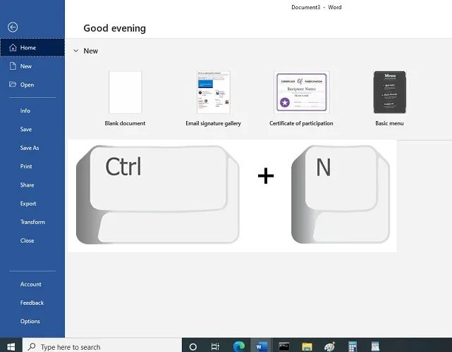 Nhấn Ctrl + N để khởi động lại các chương trình như tài liệu Microsoft Word