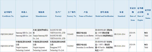 Chứng nhận 3C về pin trên Galaxy S21 Ultra
