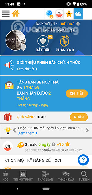 Giao diện Học