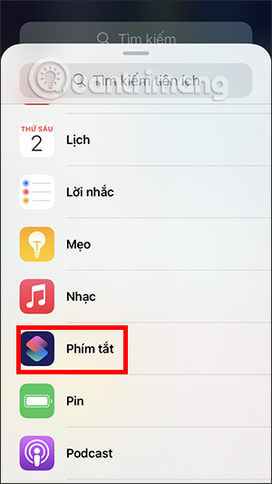 Chọn ứng dụng Phím tắt