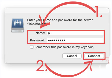 Enter the username and password to connect to the Apple Filing Protocol server