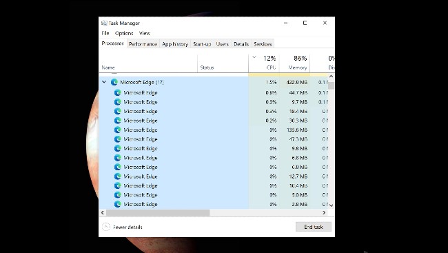Danh sách tiến trình cực kỳ dài của Microsoft Edge