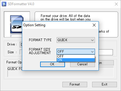 Đặt Format size adjustment thành On