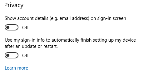 Tắt Use my sign in info to automatically finish setting up my device after an update or restart