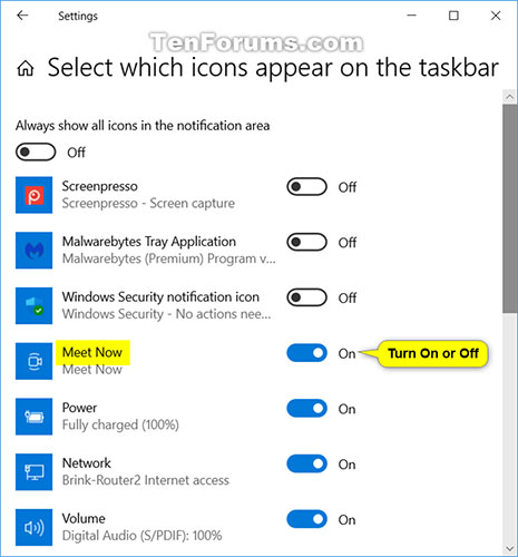 Cách thêm/xóa biểu tượng Meet Now trên Taskbar trong Windows 10