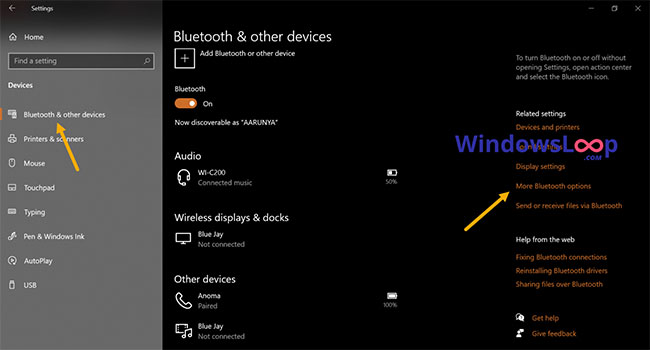 Click the More Bluetooth options link
