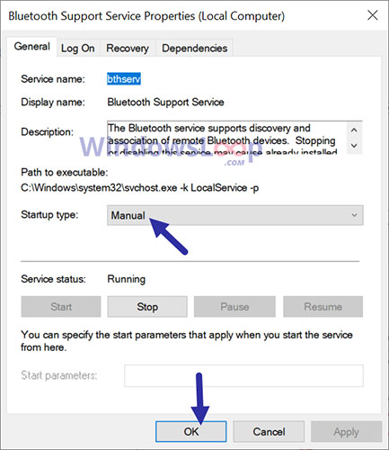 Select Manual from the Startup type drop-down menu