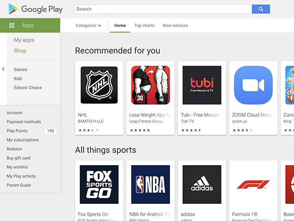 Trang chủ Play Store khi truy cập từ trên web