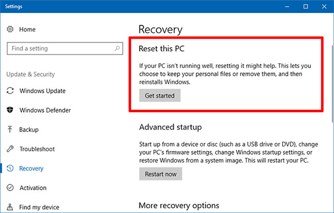 Reset lại Windows 10