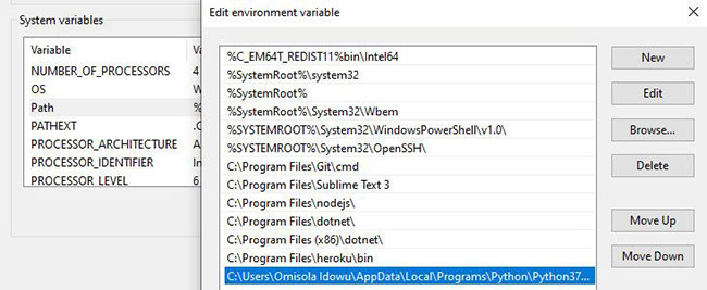 Thêm Python vào PATH với tùy chọn System Variables