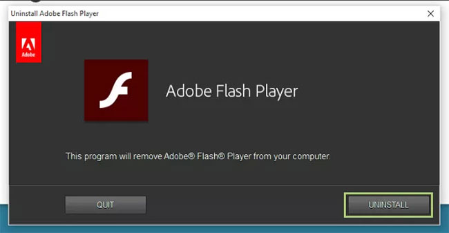 Nhấp vào Uninstall để bắt đầu gỡ bỏ Flash Player