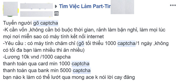Thông báo tuyển dụng người gõ Captcha vẫn xuất hiện.