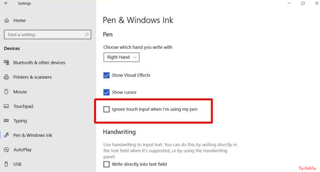 Kích hoạt tùy chọn “Ignore touch input when I’m using my pen”