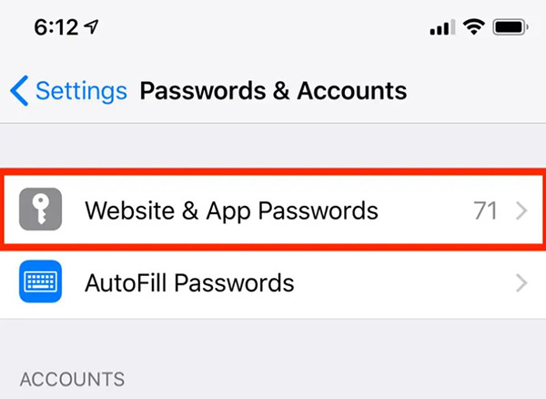 Go to Settings, select Passwords & Accounts 