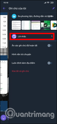 Chọn mục Lời nhắc