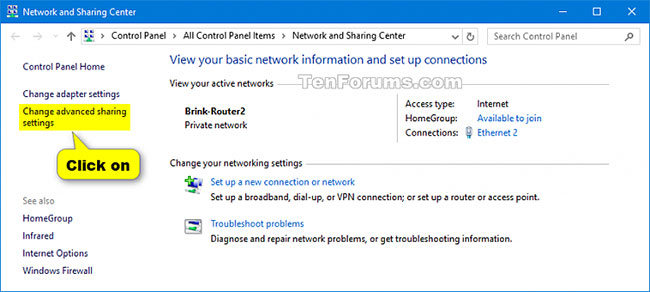 Nhấp vào liên kết Change advanced sharing settings