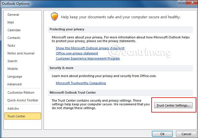 Trust Center Settings