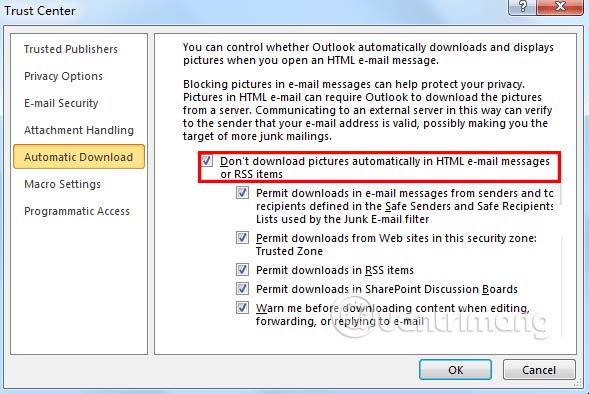 Cho phép tải hình ảnh Outlook 2007 