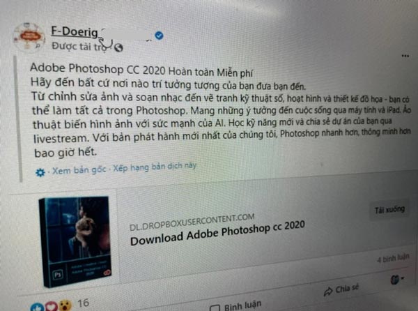 Mẩu quảng cáo kêu gọi người dùng tải xuống một tập tin có tên Adobe Photoshop CC 2020 hoàn toàn miễn phí