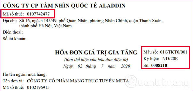 Thông tin cần điền đều có trên hóa đơn