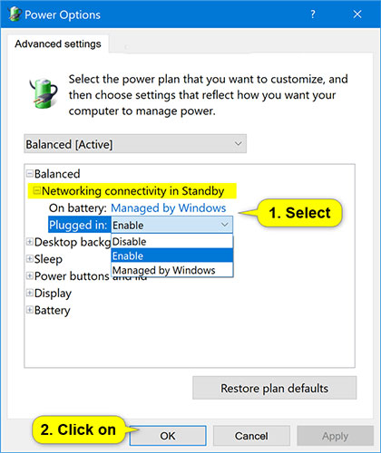 Cách thêm/xóa "Networking connectivity in Standby" khỏi Power Options trong Windows 10