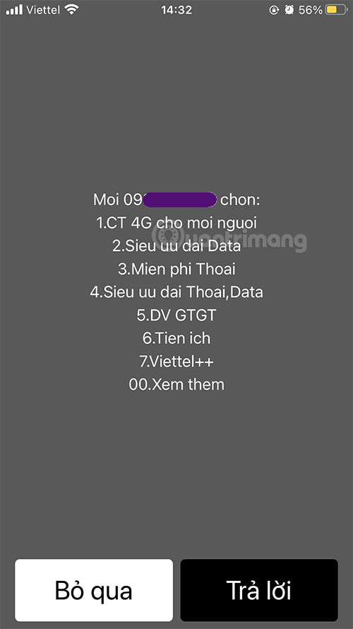 Mã USSD trả về menu kèm số điện thoại
