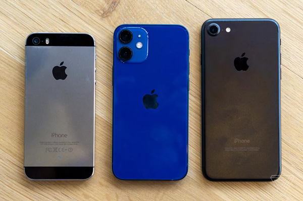 Left to right: iPhone 5S, iPhone 12 mini, iPhone 7 