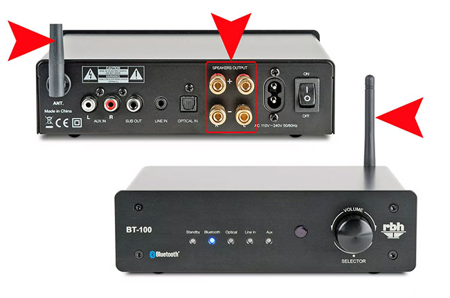Hãy kết nối loa có dây với các đầu nối loa được cung cấp trên amply hỗ trợ Bluetooth