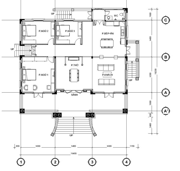 Bản vẽ mẫu biệt thự mini 1 tầng mái thái 3 phòng ngủ đẹp