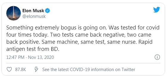 Elon Musk thông báo kết quả xét nghiệm nhanh COVID 19