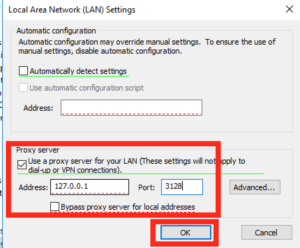 Đánh dấu vào “Use a proxy server for your LAN”